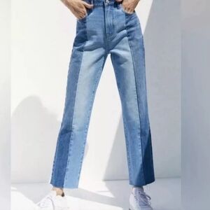 PACSUN High Rise Straight Two Tone Denim Jeans Frayed Hem